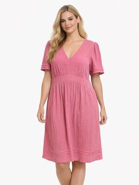 Boden Pink V-Neck Cotton Midi Dress with Puff Sleeves